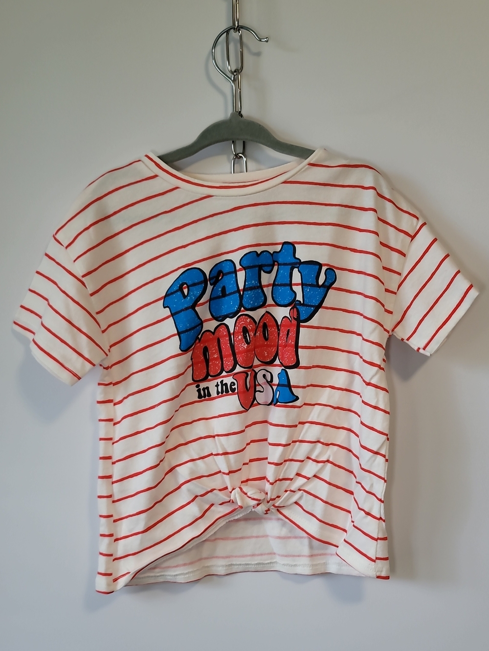 Zara White Tee with Red Stripes and Blue/Red 'Party Mood' Graphic